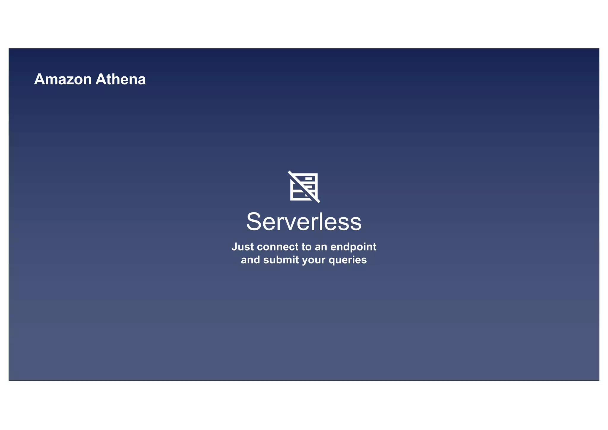 © 2019, Amazon Web Services, Inc. or its affiliates. All rights reserved.S U MMI T
Amazon Athena
Serverless
Just connect to an endpoint
and submit your queries
 