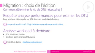 tech.days 2015#mstechdaysAzure SQL Database, approche et retours d'expérience
azure.microsoft.com/[...]/sql-database-upgrade-new-service-tiers
cbailiss.wordpress.com
 