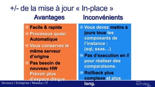 +/- de la mise à jour « In-place »
Serveurs / Entreprise / Réseaux / IT
Facile & rapide.
Processus quasi
Automatique.
Vous conservez le
même serveur
d’origine.
Pas besoin de
nouveau HW.
Prévoir plus
d’espace disque.
Vous devez mettre à
jours tous les
composants de
l’instance :
(sql, ssas…)
Pas d’execution en //
pour réaliser des
comparaisons.
Rollback plus
complexe et plus
long.
Avantages Inconvénients
 