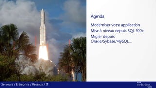 Agenda
Moderniser votre application
Mise à niveau depuis SQL 200x
Migrer depuis
Oracle/Sybase/MySQL…
Serveurs / Entreprise / Réseaux / IT
 