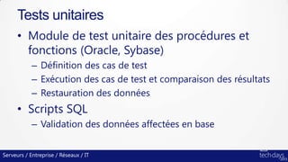Serveurs / Entreprise / Réseaux / IT
• Module de test unitaire des procédures et
fonctions (Oracle, Sybase)
– Définition des cas de test
– Exécution des cas de test et comparaison des résultats
– Restauration des données
• Scripts SQL
– Validation des données affectées en base
Tests unitaires
 