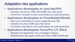 Serveurs / Entreprise / Réseaux / IT
• Applications développées en Java/.Net/PHP..
– Utilisation des drivers JDBC/.NET/ODBC pour SQL Server
– Conversion manuelle ou semi-automatique du code dynamique
• Applications développées en PowerBuilder/Windev
– Mise à jour éventuelle en version supportée pour SQL
– Utilisation du driver ODBC pour SQL Server
– Conversion manuelle ou semi-automatique du code dynamique
• Applications développées Forms/Pro-C/C-DbLib
– Migration de l’application vers un langage moderne
– Remplacement des appels natifs avec drivers JDBC/.Net/Oracle
Adaptation des applications
 