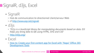 tech.days 2015#mstechdaysObjets connectés & architecture Lambda
SignalR, d3js, Excel
http://www.asp.net/signalr
http://d3js.org/
How to: Create your first content app for Excel with "Napa" Office 365
Development Tools
 