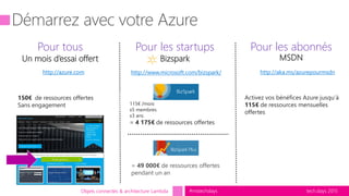tech.days 2015#mstechdaysObjets connectés & architecture Lambda tech.days 2015#mstechdays
Activez vos bénéfices Azure jusqu’à
115€ de ressources mensuelles
offertes
115€ /mois
x5 membres
x3 ans
= 4 175€ de ressources offertes
http://azure.com http://aka.ms/azurepourmsdn
150€ de ressources offertes
Sans engagement
Pour tous
Un mois d’essai offert
http://www.microsoft.com/bizspark/
Pour les startups
Bizspark
= 49 000€ de ressources offertes
pendant un an
Pour les abonnés
MSDN
 