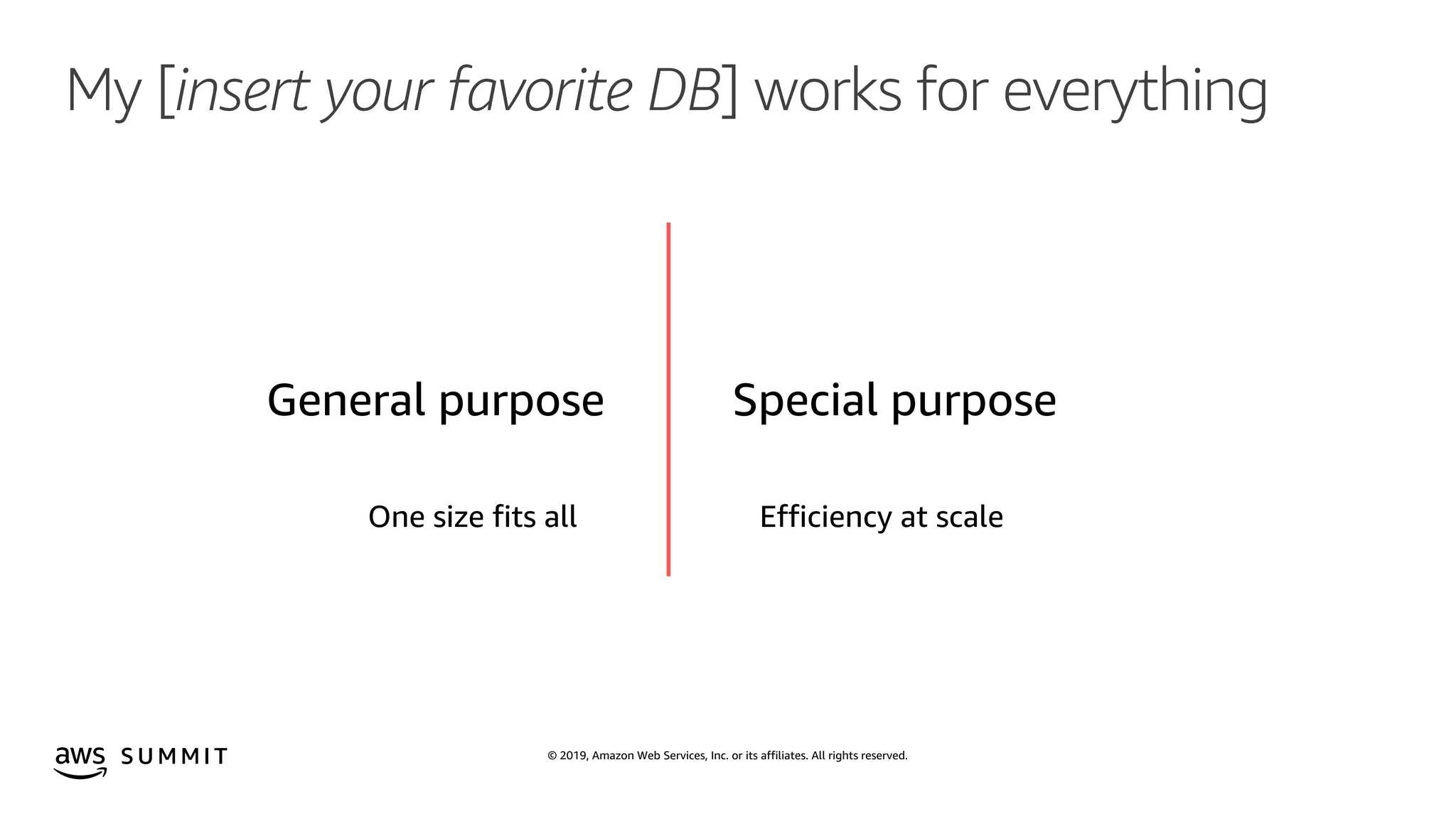 © 2019, Amazon Web Services, Inc. or its affiliates. All rights reserved.S U M M I T
My [insert your favorite DB] works for everything
General purpose Special purpose
One size fits all Efficiency at scale
 