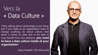 “Now, talking about technology is one thing,
but if you really as an organization want to
change anything, it’s about culture. And
when it comes to data and to be able to
truly benefit from this platform, you need
to have a data culture inside of your
organization.“
Satya Nadella, CEO Microsoft
Vers la
« Data Culture »
 