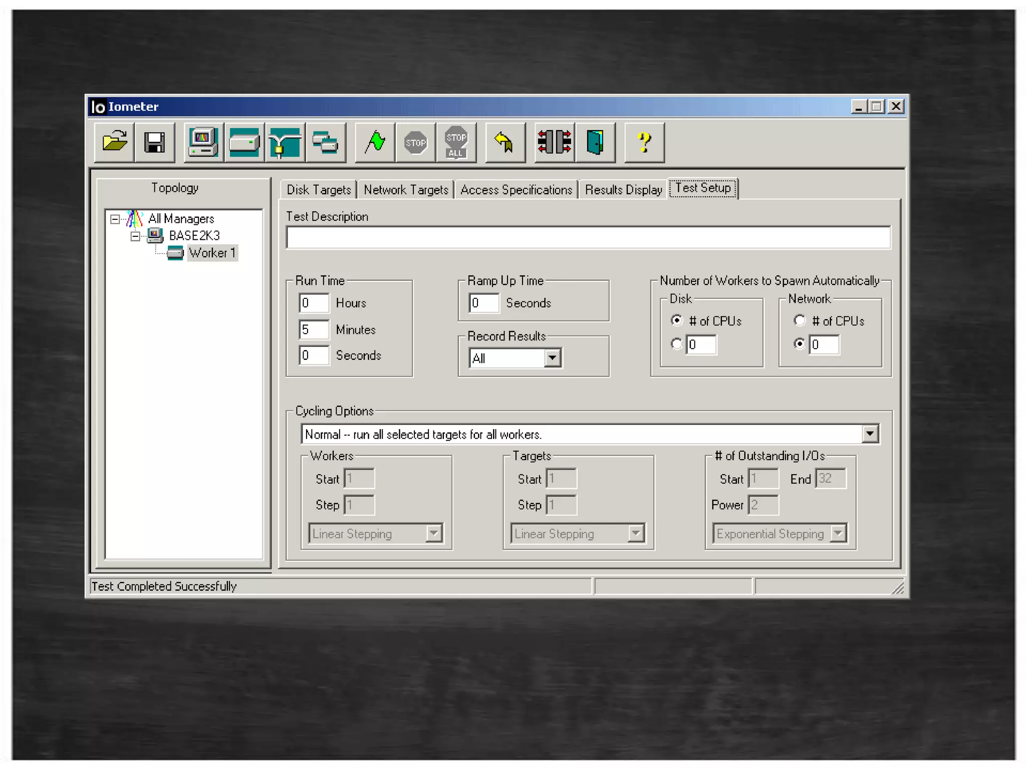 The most important parameters are: -kW means writes (as opposed to reads) -t2 means two threads -s120 means test for 120 seconds -dM means drive letter M -o1 means one outstanding request (not piling up requests) -frandom means random access (as opposed to -fsequential) -b64 means 64kb IOs 