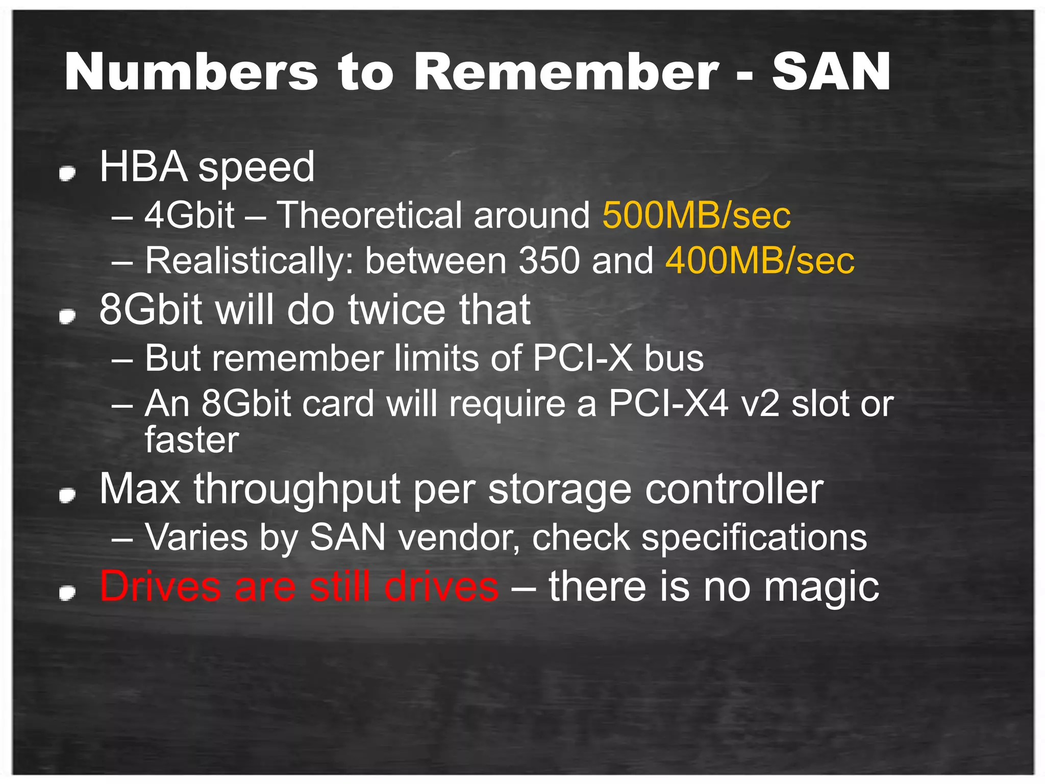  Disk interface standardFiber Channel (FC)Fastest Bus Speeds between 2-4 GigsSCSI -Small Computer System Interconnect, Older Technology, slower bus speedsS(ATA) - ATAdaptorNewer Technology, even slower bus speedsEnterprise Flash Disks (EFDs)Newest Technology, same bus speeds as FC