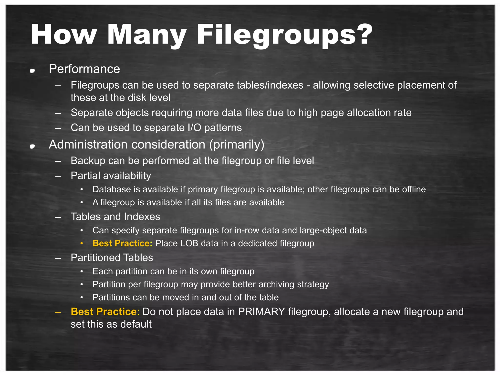 SQL Server on SAN – Pitfalls (1/2)Sizing on capacity instead of performanceOver-estimating the ability of the SAN or arrayOverutilization of shared storageLack of knowledge about physical configuration and the potential bottlenecks or expected limits of configurationMakes it hard to tell if performance is reasonable on the configurationArray controller or bandwidth of the connection is often the bottleneckKey Takeaway: Bottleneck is not always the diskOne size fits all solutions is probably not optimal for SQL ServerGet the full story, make sure you have SAN vendors tools to measure the path to the drivesCapture counters that provide the entire picture (see benchmarking section)