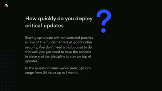 How quickly do you deploy
critical updates
Staying up to date with software and patches
is one of the fundamentals of good cyber
security. You don’t need a big budget to do
this well, you just need to have the process
in place and the discipline to stay on top of
updates.
In the questionnaires we’ve seen, options
range from 24 hours up to 1 month.
?
 