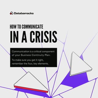 HOW TO COMMUNICATE
IN A CRISIS
Communication is a critical component
of your Business Continuity Plan.
To make sure you get it right,
remember the four, key elements.
 