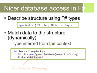 Nicer database access in F# <ul><li>Describe structure using F# types </li></ul><ul><li>Match data to the structure (dynam...