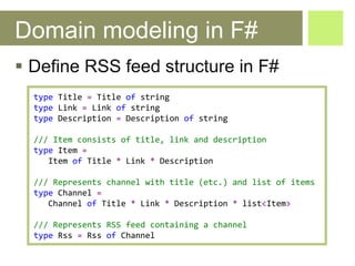 Domain modeling in F# <ul><li>Define RSS feed structure in F# </li></ul>type   Title   =   Title   of   string type   Link...