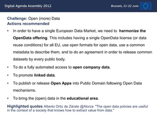 Challenge: Open (more) Data
Actions recommended
•   In order to have a single European Data Market, we need to harmonize the
    OpenData offering. This includes having a single OpenData license (or data
    reuse conditions) for all EU, use open formats for open data, use a common
    metadata to describe them, and to do an agreement in order to release common
    datasets by every public body.

•   To do a fully automated access to open company data.

•   To promote linked data.

•   To publish or release Open Apps into Public Domain following Open Data
    mechanisms.

•   To bring the (open) data in the educational area.

Highlighted quotes Alberto Ortiz de Zárate @Alorza "The open data policies are useful
in the context of a society that knows how to extract value from data."
 