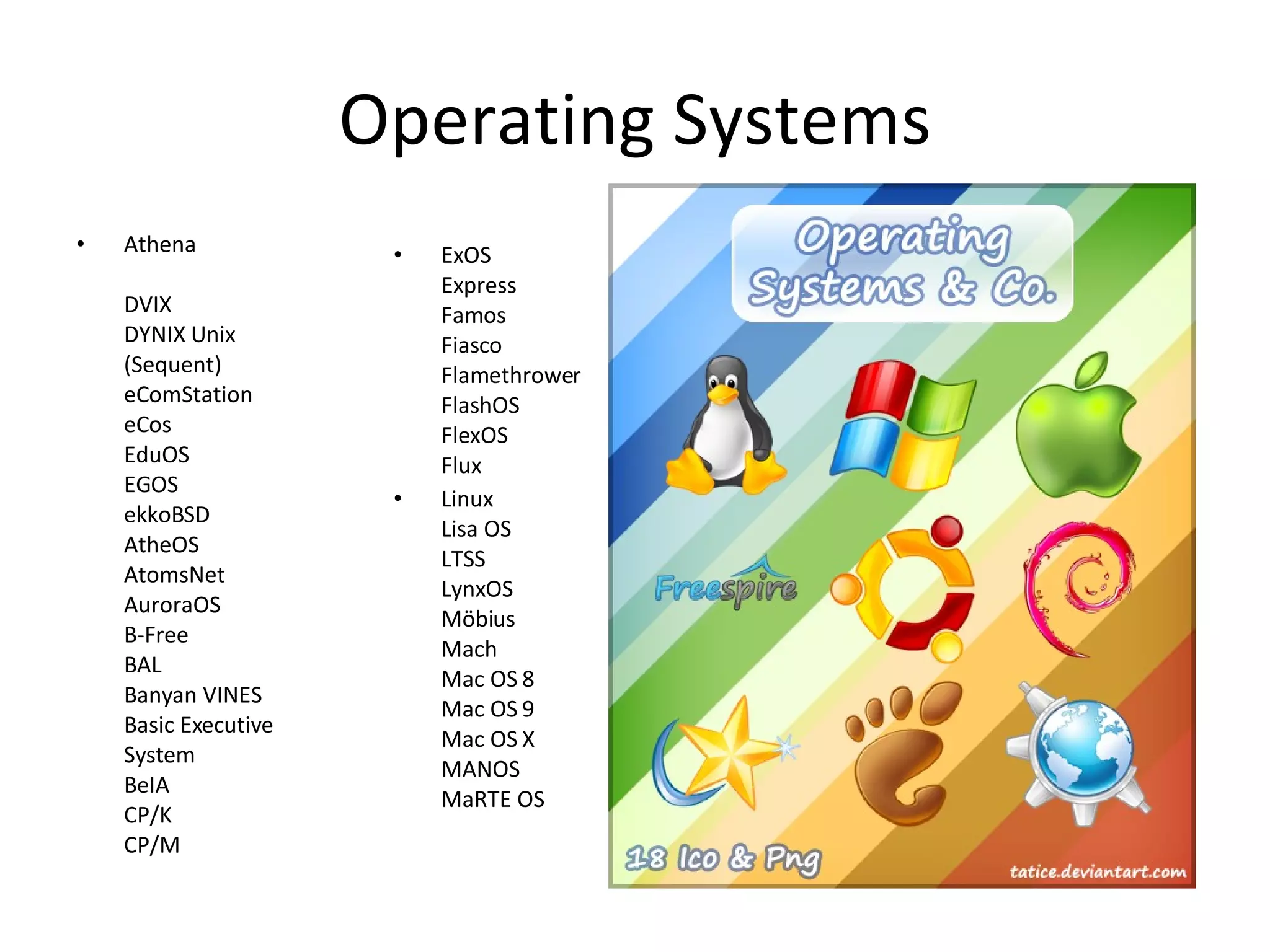 Operating Systems Athena  DVIX DYNIX Unix (Sequent) eComStation eCos EduOS EGOS ekkoBSD AtheOS  AtomsNet AuroraOS B-Free BAL Banyan VINES Basic Executive System BeIA CP/K CP/M ExOS Express Famos Fiasco Flamethrower FlashOS FlexOS Flux Linux Lisa OS LTSS LynxOS Möbius Mach Mac OS 8 Mac OS 9 Mac OS X MANOS MaRTE OS 