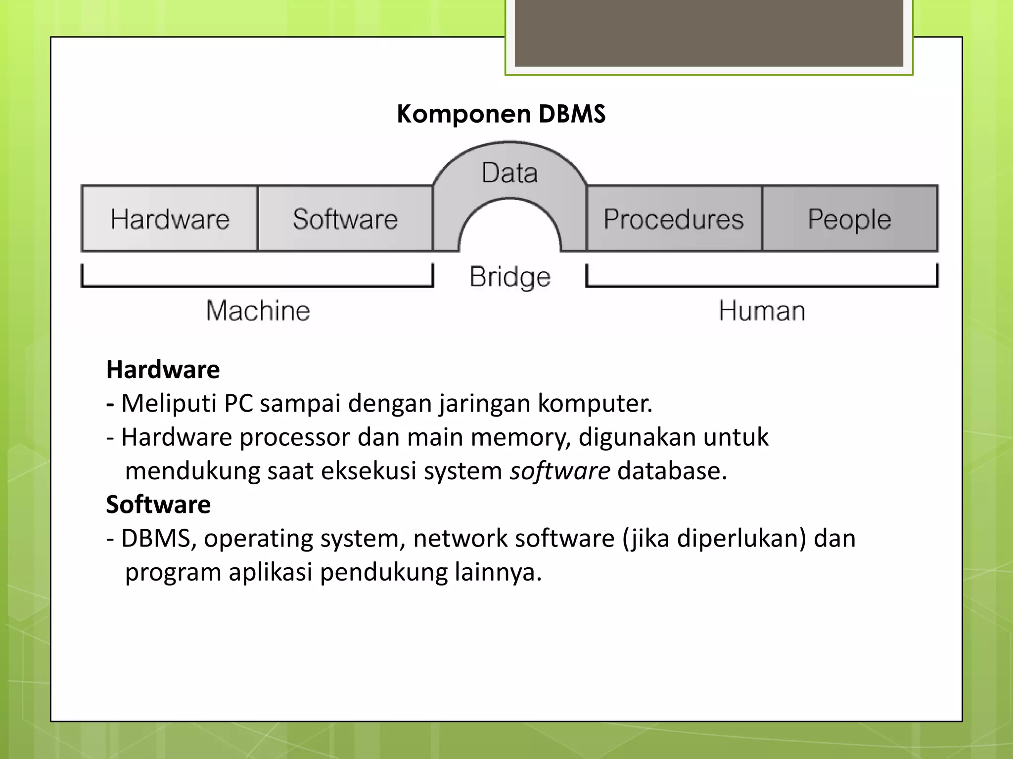 Komponen DBMS




Hardware
- Meliputi PC sampai dengan jaringan komputer.
- Hardware processor dan main memory, digunakan untuk
  mendukung saat eksekusi system software database.
Software
- DBMS, operating system, network software (jika diperlukan) dan
  program aplikasi pendukung lainnya.
 