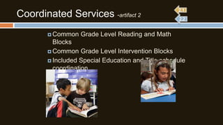 Coordinated Services -artifact 2
 Common

Grade Level Reading and Math

Blocks
 Common Grade Level Intervention Blocks
 Included Special Education and Title schedule
coordination

 