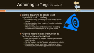 Adhering to Targets -artifact 3
 Shift

to teaching to grade level
expectations in reading




Facilitated deep knowledge of state test question
stems
Wrote questions for a variety of reading materials
and levels (K-6)
Planned instruction and assessment of reading
comprehension strategies at all grade levels

 Aligned

mathematics instruction to
performance expectations





Met with teachers to deepen knowledge of tested
math targets
Wrote “student friendly” targets with success criteria
Coordinated grade level team meetings to align
current curriculum and supplement when needed

 