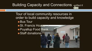 Building Capacity and Connections

-artifact 6

Tour of local community resources in
order to build capacity and knowledge
 Bus

Tour
 St. Francis House
 Puyallup Food Bank
 Staff donations

 