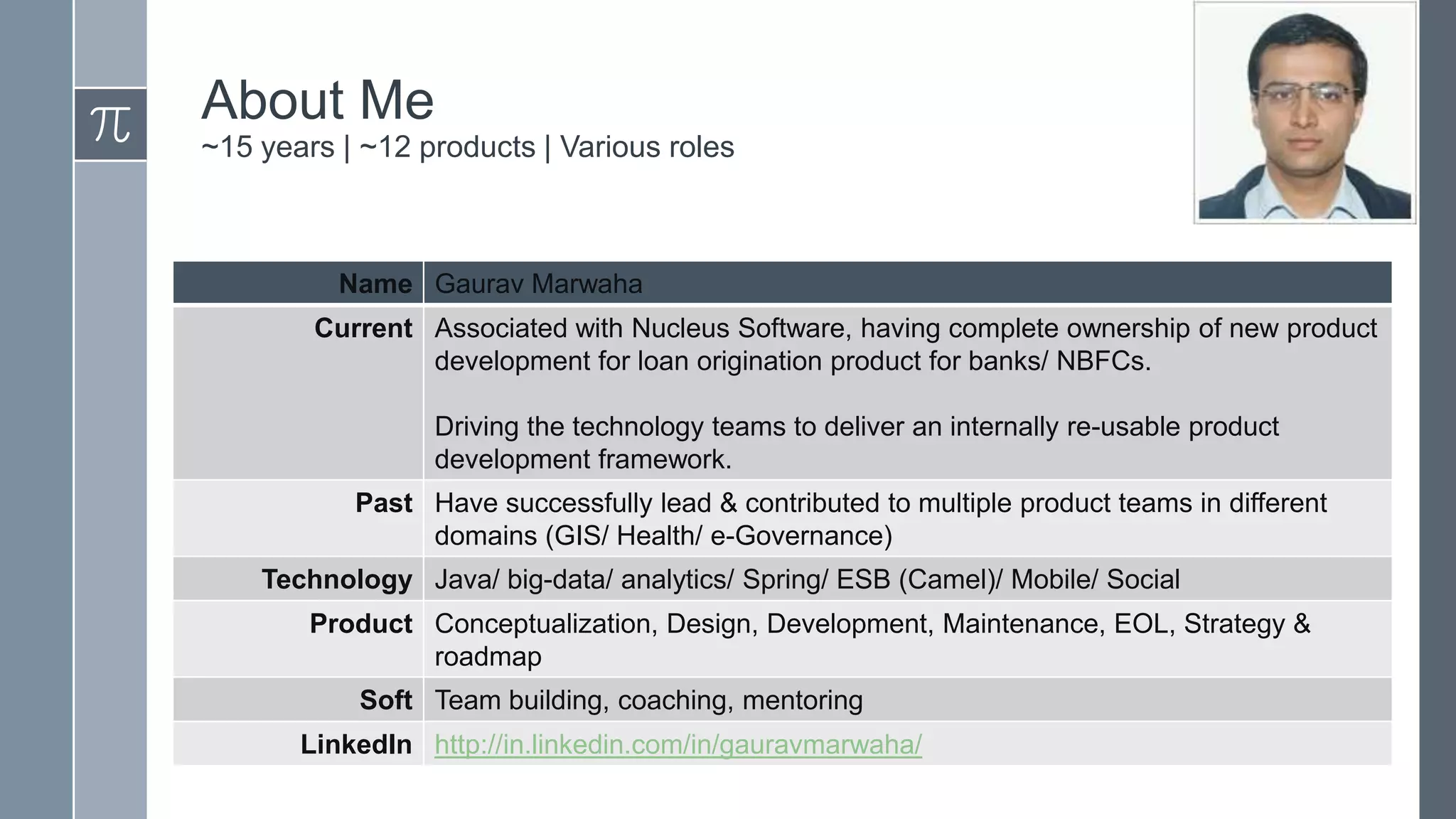 About Me
~15 years | ~12 products | Various roles

Name Gaurav Marwaha
Current Associated with Nucleus Software, having complete ownership of new product
development for loan origination product for banks/ NBFCs.
Driving the technology teams to deliver an internally re-usable product
development framework.
Past Have successfully lead & contributed to multiple product teams in different
domains (GIS/ Health/ e-Governance)

Technology Java/ big-data/ analytics/ Spring/ ESB (Camel)/ Mobile/ Social
Product Conceptualization, Design, Development, Maintenance, EOL, Strategy &
roadmap
Soft Team building, coaching, mentoring
LinkedIn http://in.linkedin.com/in/gauravmarwaha/

 