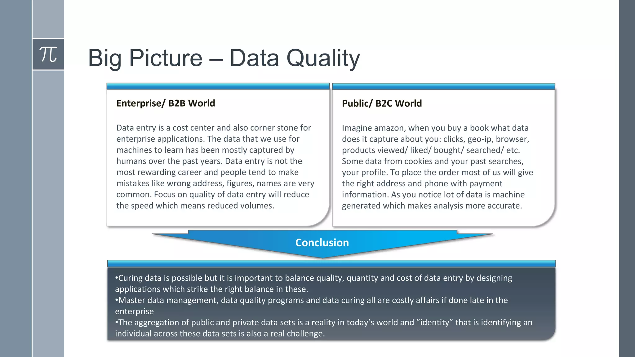 Big Picture – Data Quality
Enterprise/ B2B World

Public/ B2C World

Data entry is a cost center and also corner stone for
enterprise applications. The data that we use for
machines to learn has been mostly captured by
humans over the past years. Data entry is not the
most rewarding career and people tend to make
mistakes like wrong address, figures, names are very
common. Focus on quality of data entry will reduce
the speed which means reduced volumes.

Imagine amazon, when you buy a book what data
does it capture about you: clicks, geo-ip, browser,
products viewed/ liked/ bought/ searched/ etc.
Some data from cookies and your past searches,
your profile. To place the order most of us will give
the right address and phone with payment
information. As you notice lot of data is machine
generated which makes analysis more accurate.

Conclusion
•Curing data is possible but it is important to balance quality, quantity and cost of data entry by designing
applications which strike the right balance in these.
•Master data management, data quality programs and data curing all are costly affairs if done late in the
enterprise
•The aggregation of public and private data sets is a reality in today’s world and ”identity” that is identifying an
individual across these data sets is also a real challenge.

 