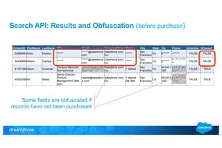 Search API: Results and Obfuscation (before purchase) 
ContactId FirstName LastName Title Email CompanyName Street City State Zip Phone IsInactive IsOwned 
55280504 Alisa Distaso ****** ******@salesforce. 
com 
Salesforce.com, 
Inc. ****** San 
Francisco CA 9****** +****** FALSE FALSE 
34436669 Allison Giampa ****** ******@salesforce. 
com 
Salesforce.com, 
Inc. ****** San 
Francisco CA 9****** +*.***.***.** 
** FALSE FALSE 
61751292 Alison Guzenski Campus Recruiter 
Non-technical 
aguzenski@salesf 
orce.com 
Salesforce.com, 
Inc. 1 Market San 
Francisco CA 94105-1 
596 
+1.415.547 
.8637 FALSE TRUE 
45003056 Ali Sadat 
Senior Director 
Product 
Management Data 
com 
asadat@salesforc 
e.com 
Salesforce.com, 
Inc. 
1 Market 
Ste 300 
San 
Francisco CA 94105-5 
102 
+1.415.778 
.3357 FALSE TRUE 
Some fields are obfuscated if 
records have not been purchased 
 