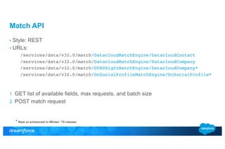 Match API 
• Style: REST 
• URLs: 
/services/data/v32.0/match/DatacloudMatchEngine/DatacloudContact ! 
/services/data/v32.0/match/DatacloudMatchEngine/DatacloudCompany! 
/services/data/v32.0/match/DUNSRightMatchEngine/DatacloudCompany*! 
/services/data/v32.0/match/DcSocialProfileMatchEngine/DcSocialProfile*! 
1. GET list of available fields, max requests, and batch size 
2. POST match request 
* New or enhanced in Winter ’15 release 
 