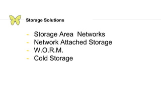Storage Solutions
- Storage Area Networks
- Network Attached Storage
- W.O.R.M.
- Cold Storage
 