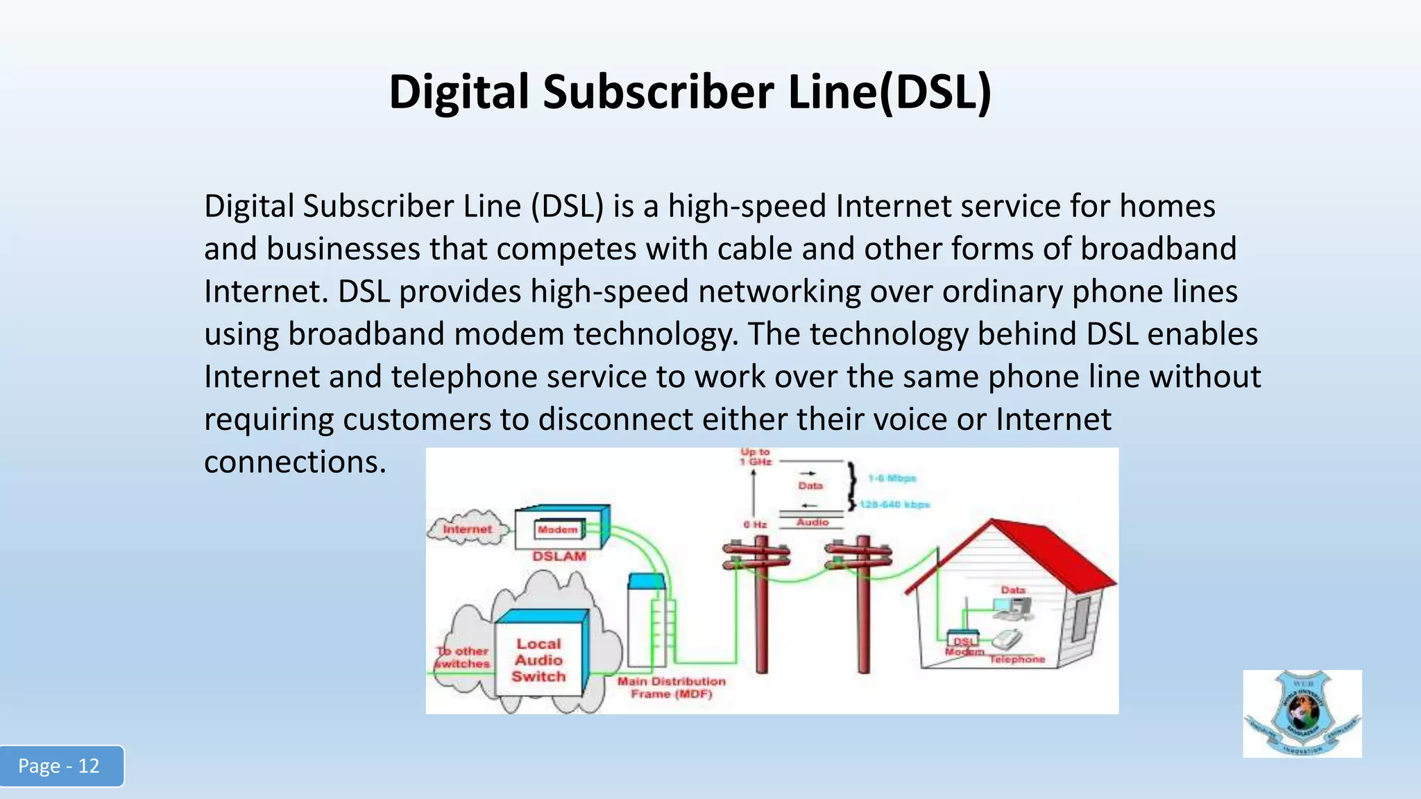 Digital Subscriber Line(DSL)
Digital Subscriber Line (DSL) is a high-speed Internet service for homes
and businesses that competes with cable and other forms of broadband
Internet. DSL provides high-speed networking over ordinary phone lines
using broadband modem technology. The technology behind DSL enables
Internet and telephone service to work over the same phone line without
requiring customers to disconnect either their voice or Internet
connections.
Page - 12
 