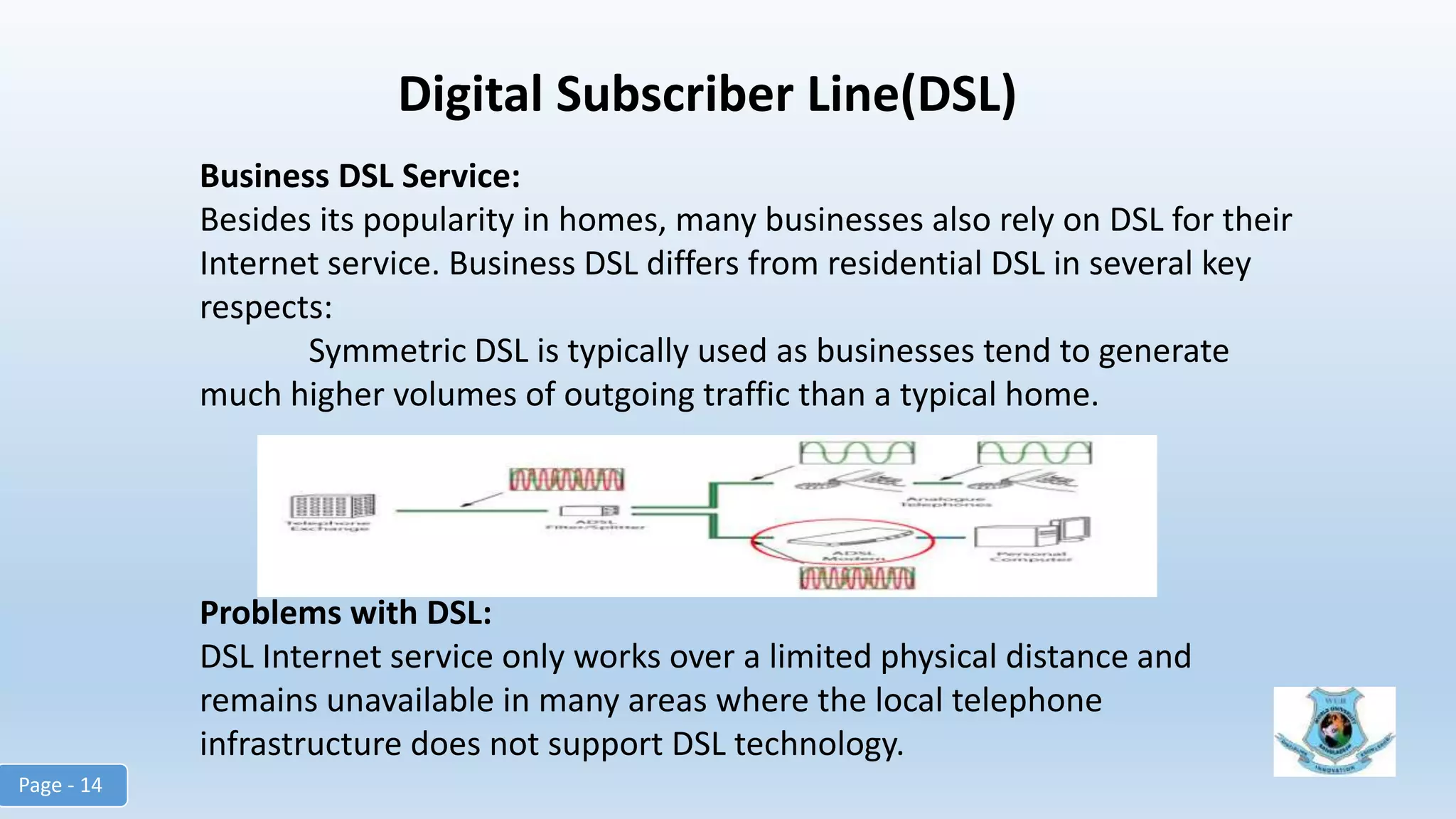Digital Subscriber Line(DSL)
Business DSL Service:
Besides its popularity in homes, many businesses also rely on DSL for their
Internet service. Business DSL differs from residential DSL in several key
respects:
Symmetric DSL is typically used as businesses tend to generate
much higher volumes of outgoing traffic than a typical home.
Problems with DSL:
DSL Internet service only works over a limited physical distance and
remains unavailable in many areas where the local telephone
infrastructure does not support DSL technology.
Page - 14
 