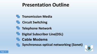 Presentation Outline
Transmission Media
Circuit Switching
Telephone Network
Digital Subscriber Line(DSL)
Cable Modems
Synchronous optical networking (Sonet)
Page - 2
 