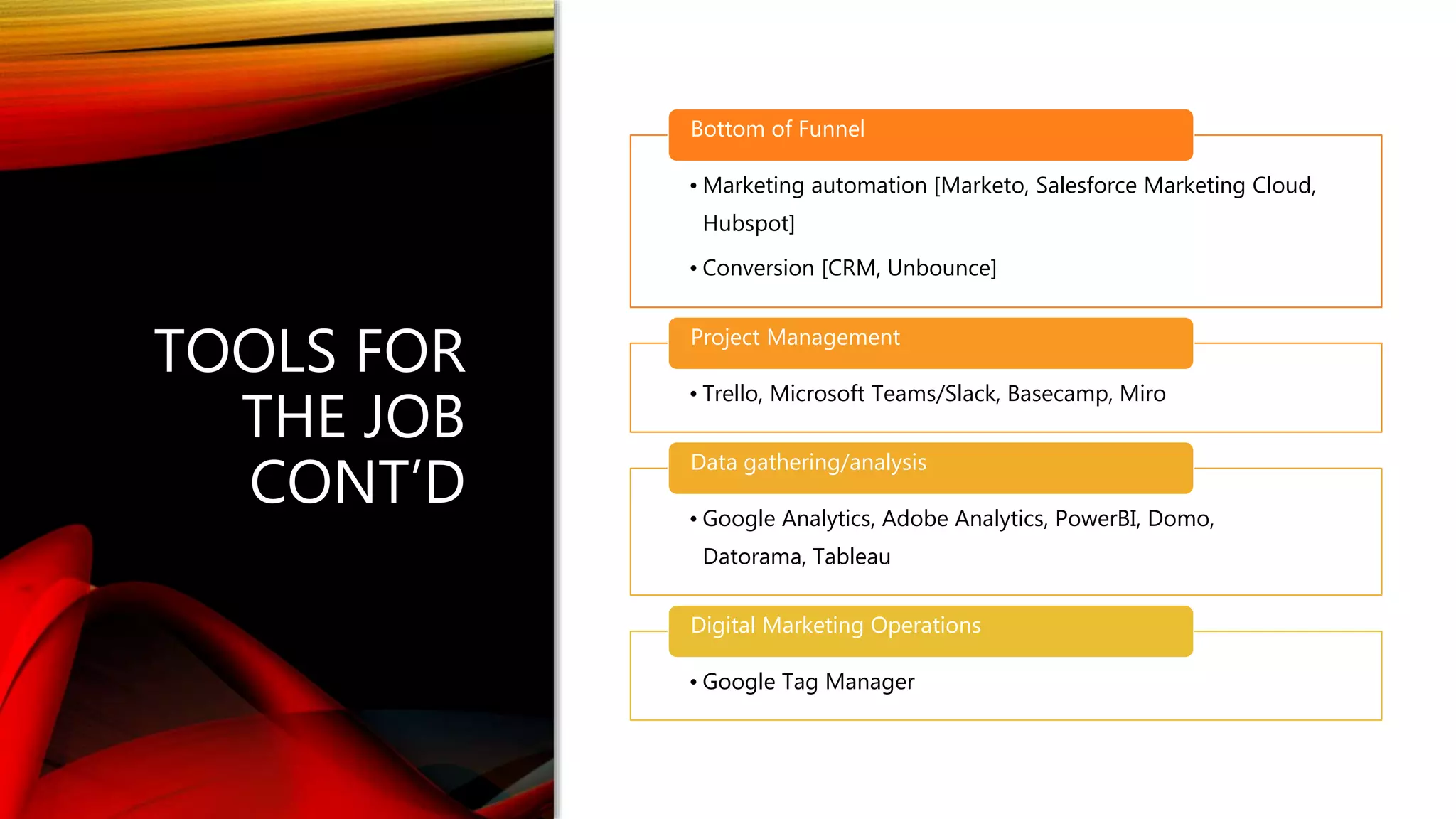 TOOLS FOR
THE JOB
CONT’D
• Marketing automation [Marketo, Salesforce Marketing Cloud,
Hubspot]
• Conversion [CRM, Unbounce]
Bottom of Funnel
• Trello, Microsoft Teams/Slack, Basecamp, Miro
Project Management
• Google Analytics, Adobe Analytics, PowerBI, Domo,
Datorama, Tableau
Data gathering/analysis
• Google Tag Manager
Digital Marketing Operations
 