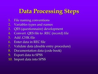 Data Processing Steps
1. File naming conventions
2. Variables types and names
3. QES (questionnaire) development
4. Convert .QES file to .REC (record) file
5. Add .CHK file
6. Enter data in REC file
7. Validate data (double entry procedure)
8. Documentation data (code book)
9. Export data to SPSS
10. Import data into SPSS
 