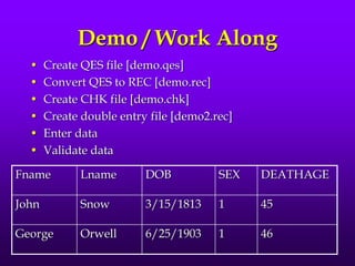 Demo / Work Along
• Create QES file [demo.qes]
• Convert QES to REC [demo.rec]
• Create CHK file [demo.chk]
• Create double entry file [demo2.rec]
• Enter data
• Validate data
Fname Lname DOB SEX DEATHAGE
John Snow 3/15/1813 1 45
George Orwell 6/25/1903 1 46
 