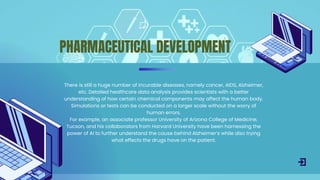 There is still a huge number of incurable diseases, namely cancer, AIDS, Alzheimer,
etc. Detailed healthcare data analysis provides scientists with a better
understanding of how certain chemical components may affect the human body.
Simulations or tests can be conducted on a larger scale without the worry of
human errors.
For example, an associate professor University of Arizona College of Medicine,
Tucson, and his collaborators from Harvard University have been harnessing the
power of AI to further understand the cause behind Alzheimer’s while also trying
what effects the drugs have on the patient.
PHARMACEUTICAL DEVELOPMENT
 