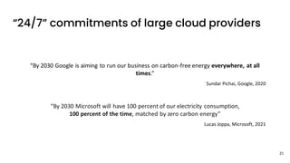 “24/7” commitments of large cloud providers
21
“By 2030 Google is aiming to run our business on carbon-free energy everywhere, at all
times.”
Sundar Pichai, Google, 2020
“By 2030 Microsoft will have 100 percent of our electricity consumption,
100 percent of the time, matched by zero carbon energy”
Lucas Joppa, Microsoft, 2021
 