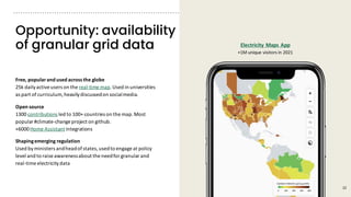 Free, popularand used acrossthe globe
25k dailyactiveusers on the real-time map.Used in universities
as part of curriculum, heavilydiscussedon socialmedia.
Open source
1300 contributions led to 100+ countries on the map.Most
popular#climate-change project on github.
+6000Home Assistantintegrations
Shapingemerging regulation
Used byministers andheadofstates,usedto engage at policy
level and to raise awarenessabout the needforgranularand
real-time electricitydata
Opportunity: availability
of granular grid data
22
Electricity Maps App
+1M unique visitors in 2021
 