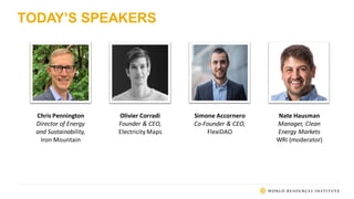 TODAY’S SPEAKERS
Olivier Corradi
Founder & CEO,
Electricity Maps
Simone Accornero
Co-Founder & CEO,
FlexiDAO
Nate Hausman
Manager, Clean
Energy Markets
WRI (moderator)
Chris Pennington
Director of Energy
and Sustainability,
Iron Mountain
 