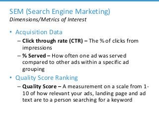 SEM (Search Engine Marketing)
Dimensions/Metrics of Interest
• Acquisition Data
– Click through rate (CTR) – The % of clicks from
impressions
– % Served – How often one ad was served
compared to other ads within a specific ad
grouping
• Quality Score Ranking
– Quality Score – A measurement on a scale from 1-
10 of how relevant your ads, landing page and ad
text are to a person searching for a keyword
 