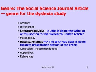 Genre: The Social Science Journal Article — genre for the dyslexia study Abstract Introduction Literature Review  —> Jake is doing the write up of this section for his “Research Update Article”  Methodology Results/Findings  —> The WRA 420 class is doing the data presentation section of the article Conclusion / Recommendations Appendixes References 