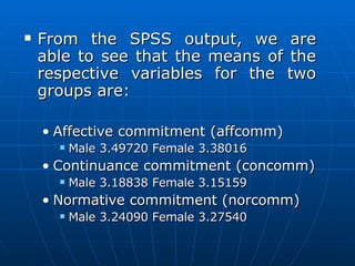From the SPSS output, we are able to see that the means of the respective variables for the two groups are: Affective commitment (affcomm)  Male 3.49720 Female 3.38016 Continuance commitment (concomm) Male 3.18838 Female 3.15159 Normative commitment (norcomm) Male 3.24090 Female 3.27540 