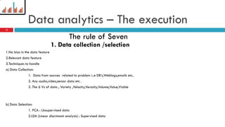 Data analytics – The execution
1. Data collection /selection
1.No bias in the data feature
2.Relevant data feature
3.Techniques to handle
a) Data Collection:
1. Data from sources related to problem i..e DB’s,Weblogs,emails etc..
2. Any audio,video,sensor data etc .
3. The 6 Vs of data , Variety ,Velocity,Verasity,Volume,Value,Viable
b) Data Selection:
1. PCA : Unsupervised data
2.LDA (Linear discrimant analysis) : Supervised data
The rule of Seven
12
 