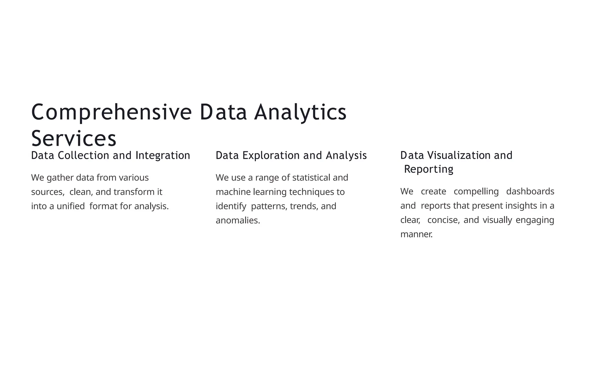 Comprehensive Data Analytics
Services
Data Collection and Integration
We gather data from various
sources, clean, and transform it
into a unified format for analysis.
Data Exploration and Analysis
We use a range of statistical and
machine learning techniques to
identify patterns, trends, and
anomalies.
Data Visualization and
Reporting
We create compelling dashboards
and reports that present insights in a
clear, concise, and visually engaging
manner.
 