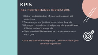 Get an understanding of your business and set
objectives.
Translate your objectives into attainable goals.
Once you have determined your goals, you will select
KPIs for each of these goals.
Then use the KPIs to measure the performance of
each goal.
1.
2.
3.
4.
Goals are specific strategies you used to achieve your
business objectives!!
KPIS
KEY PERFORMANCE INDICATORS
 
