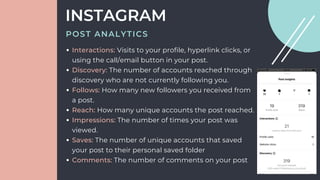 Interactions: Visits to your profile, hyperlink clicks, or
using the call/email button in your post.
Discovery: The number of accounts reached through
discovery who are not currently following you.
Follows: How many new followers you received from
a post.
Reach: How many unique accounts the post reached.
Impressions: The number of times your post was
viewed.
Saves: The number of unique accounts that saved
your post to their personal saved folder
Comments: The number of comments on your post
INSTAGRAM
POST ANALYTICS
 
