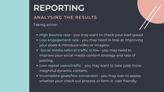 High bounce rate - you may want to check your load speed.
Low engagement rate - you may need to look at improving
your posts & introduce video or imagery.
Social media referral traffic is low - you may need to
improve your social media content strategy and rate of
posting.
Low repeat users/traffic - you may want to take post more
insightful dynamic content.
Incomplete goals/low conversion - you may wan to assess
whether your check out process or form is user friendly.
Taking action:
REPORTING
ANALYSING THE RESULTS
 