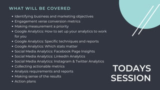 TODAYS
SESSION
Identifying business and marketing objectives
Engagement verse conversion metrics
Making measurement a priority
Google Analytics: How to set up your analytics to work
for you
Google Analytics: Specific techniques and reports
Google Analytics: Which stats matter
Social Media Analytics: Facebook Page Insights
Social Media Analytics: LinkedIn Analytics
Social Media Analytics: Instagram & Twitter Analytics
Collecting actionable metrics
Analysis requirements and reports
Making sense of the results
Action plans
WHAT WILL BE COVERED
 