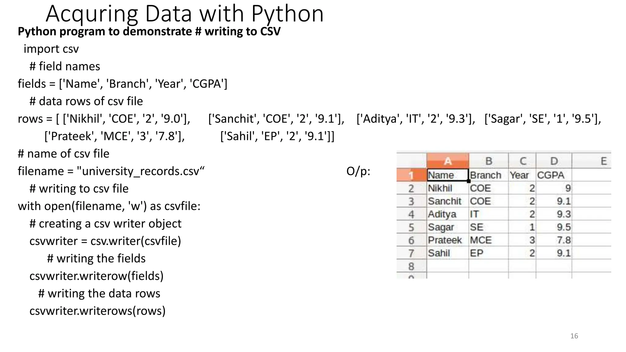 Acquring Data with Python
Python program to demonstrate # writing to CSV
import csv
# field names
fields = ['Name', 'Branch', 'Year', 'CGPA']
# data rows of csv file
rows = [ ['Nikhil', 'COE', '2', '9.0'], ['Sanchit', 'COE', '2', '9.1'], ['Aditya', 'IT', '2', '9.3'], ['Sagar', 'SE', '1', '9.5'],
['Prateek', 'MCE', '3', '7.8'], ['Sahil', 'EP', '2', '9.1']]
# name of csv file
filename = "university_records.csv“ O/p:
# writing to csv file
with open(filename, 'w') as csvfile:
# creating a csv writer object
csvwriter = csv.writer(csvfile)
# writing the fields
csvwriter.writerow(fields)
# writing the data rows
csvwriter.writerows(rows)
16
 