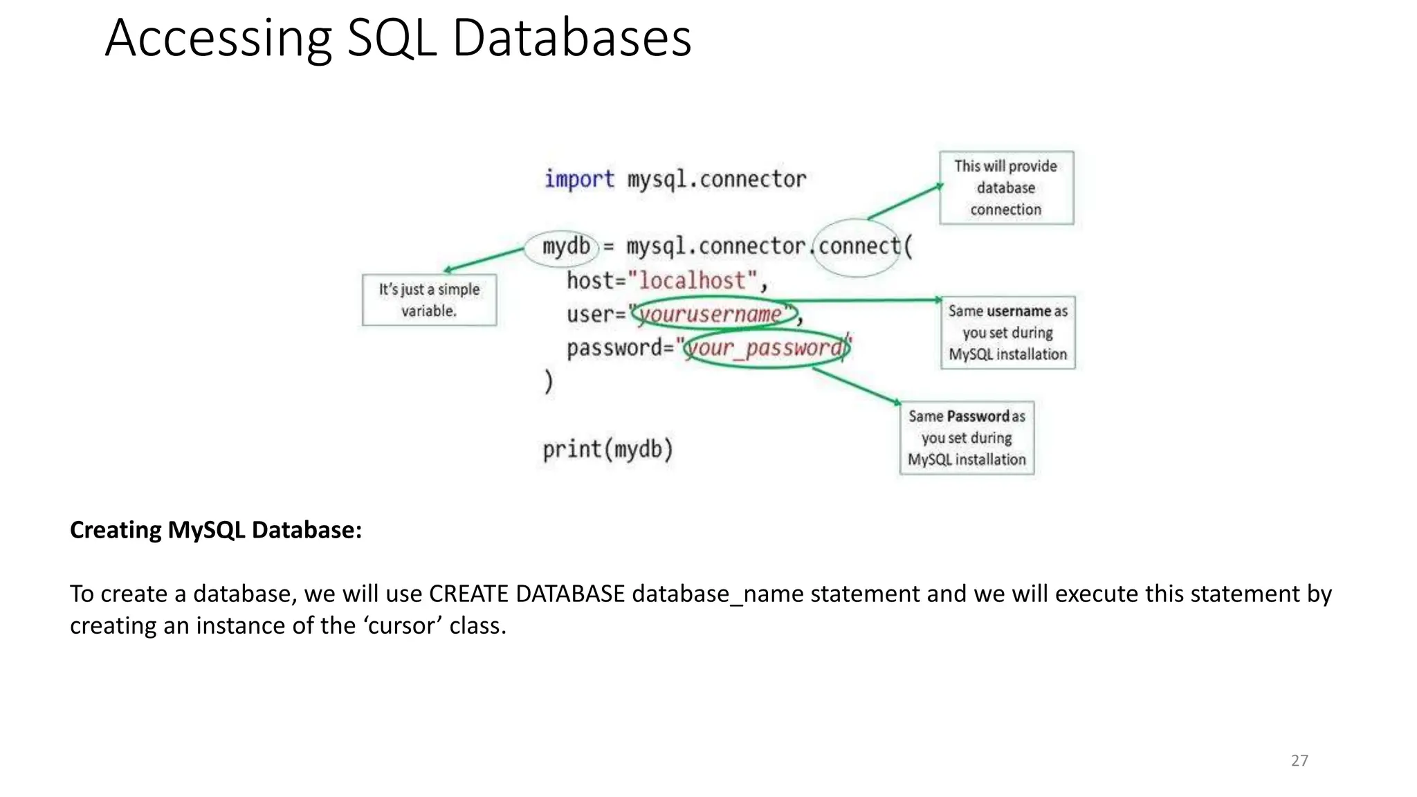 Accessing SQL Databases
27
Creating MySQL Database:
To create a database, we will use CREATE DATABASE database_name statement and we will execute this statement by
creating an instance of the ‘cursor’ class.
 
