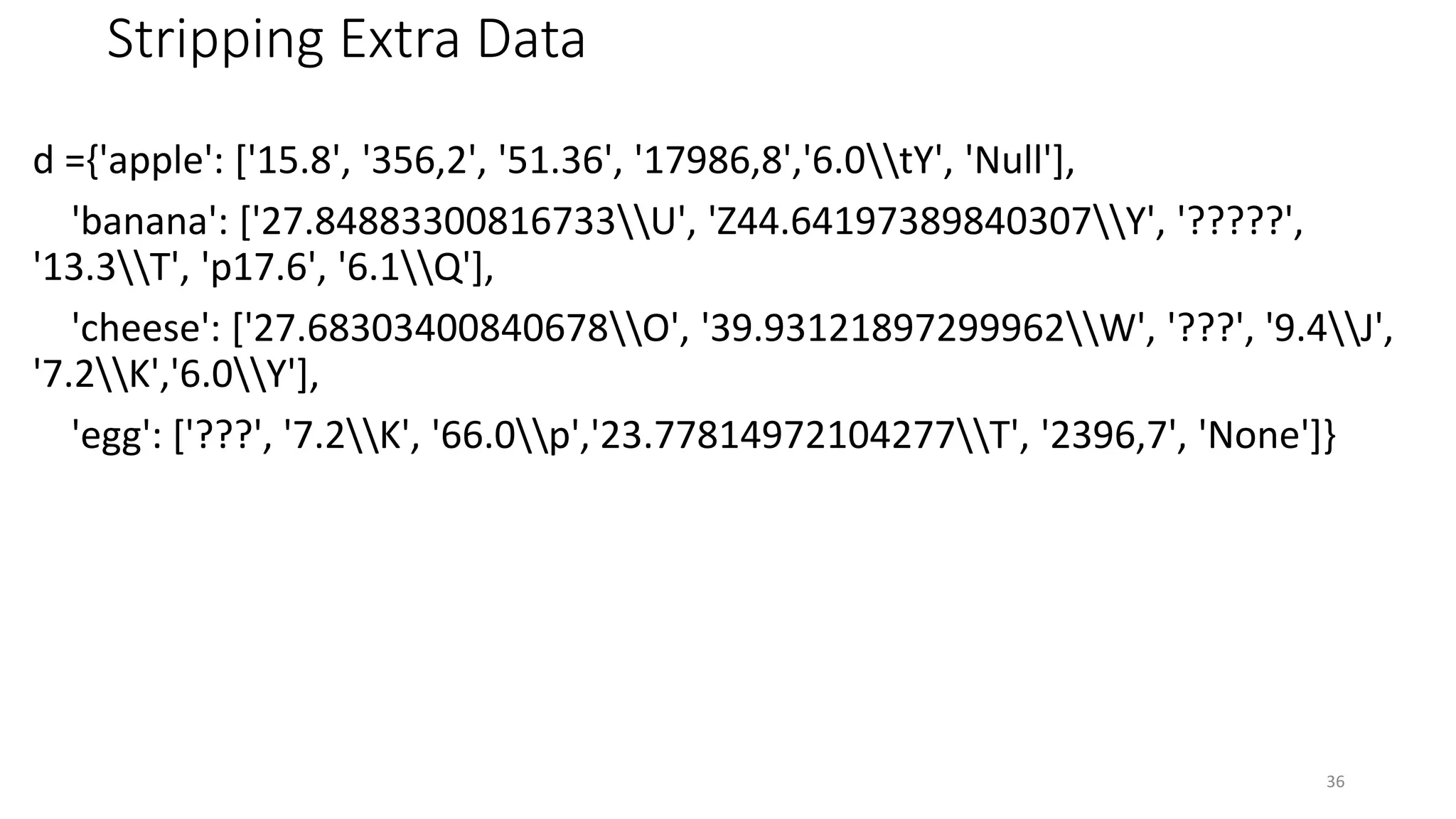 Stripping Extra Data
d ={'apple': ['15.8', '356,2', '51.36', '17986,8','6.0tY', 'Null'],
'banana': ['27.84883300816733U', 'Z44.64197389840307Y', '?????',
'13.3T', 'p17.6', '6.1Q'],
'cheese': ['27.68303400840678O', '39.93121897299962W', '???', '9.4J',
'7.2K','6.0Y'],
'egg': ['???', '7.2K', '66.0p','23.77814972104277T', '2396,7', 'None']}
36
 